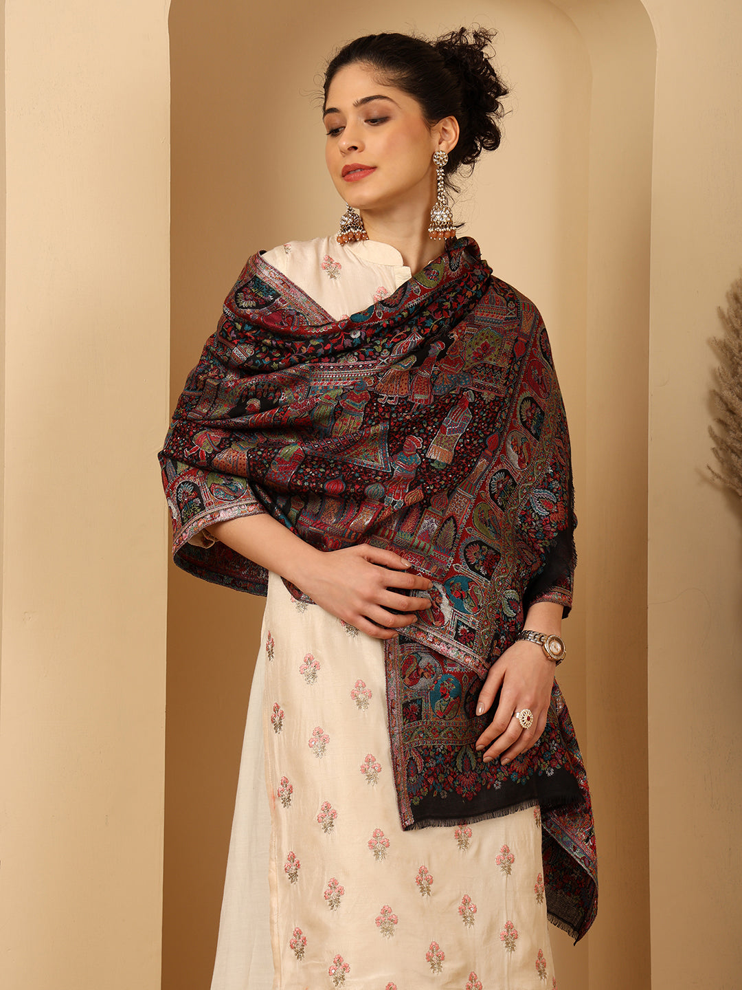 Tweedle Women’s Zari Weave, Darbar Design, Soft Bamboo Stole - Black