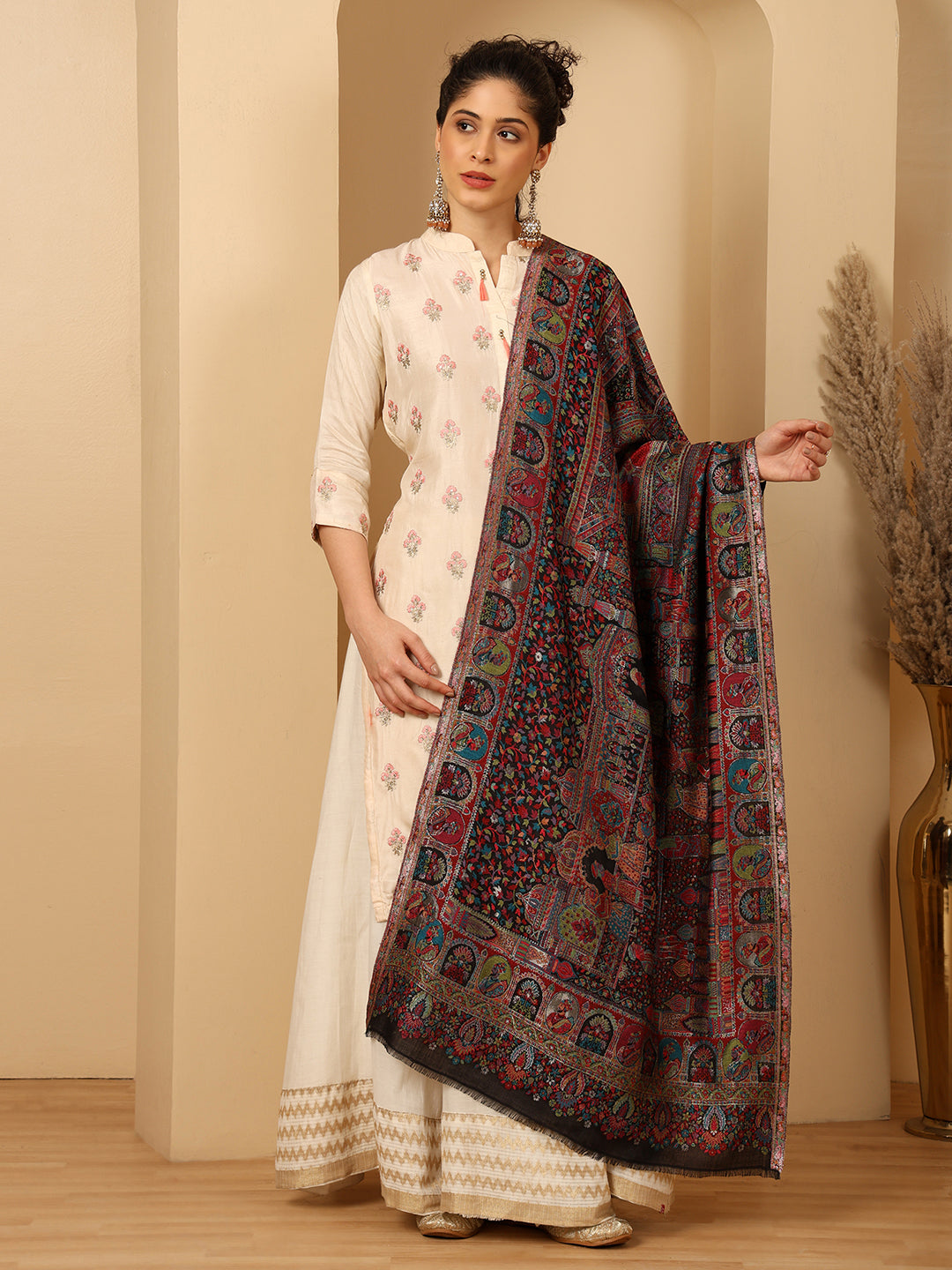 Tweedle Women’s Zari Weave, Darbar Design, Soft Bamboo Stole - Black