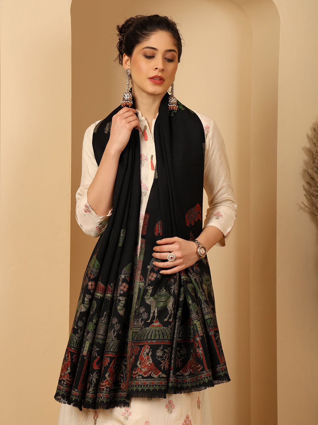 Tweedle Women’s Mahotsav Ethnic Design Zari Shawl, Faux Wool - Black, Size - 40 x 80 inches