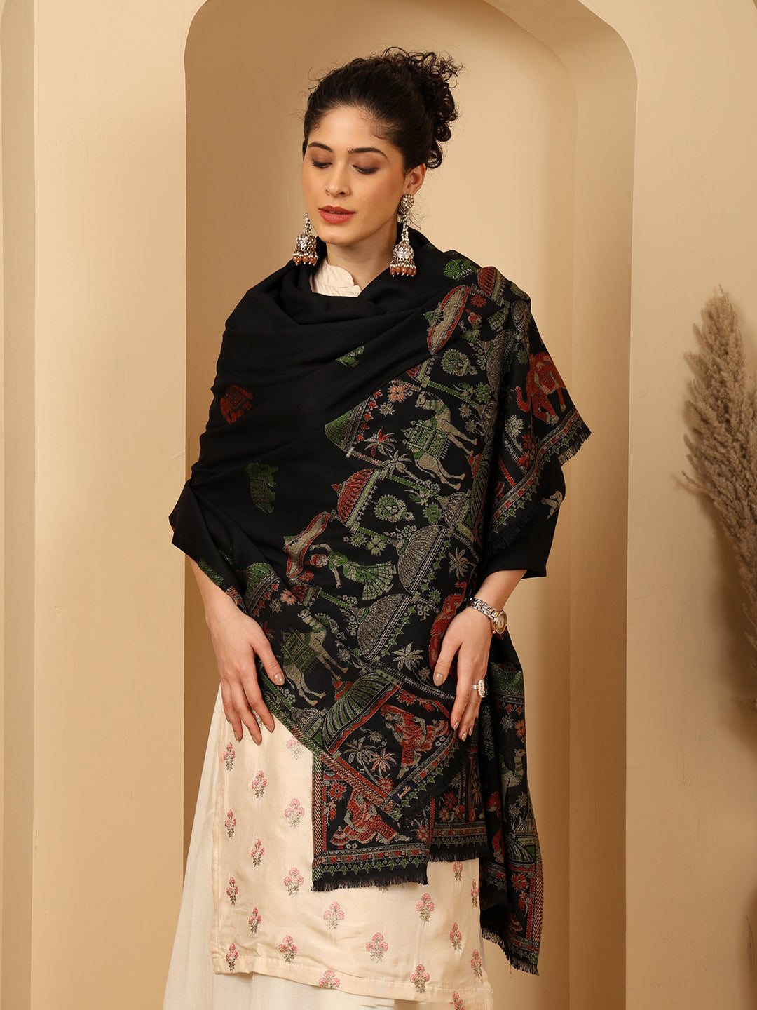 Tweedle Women’s Mahotsav Ethnic Design Zari Shawl, Faux Wool - Black, Size - 40 x 80 inches