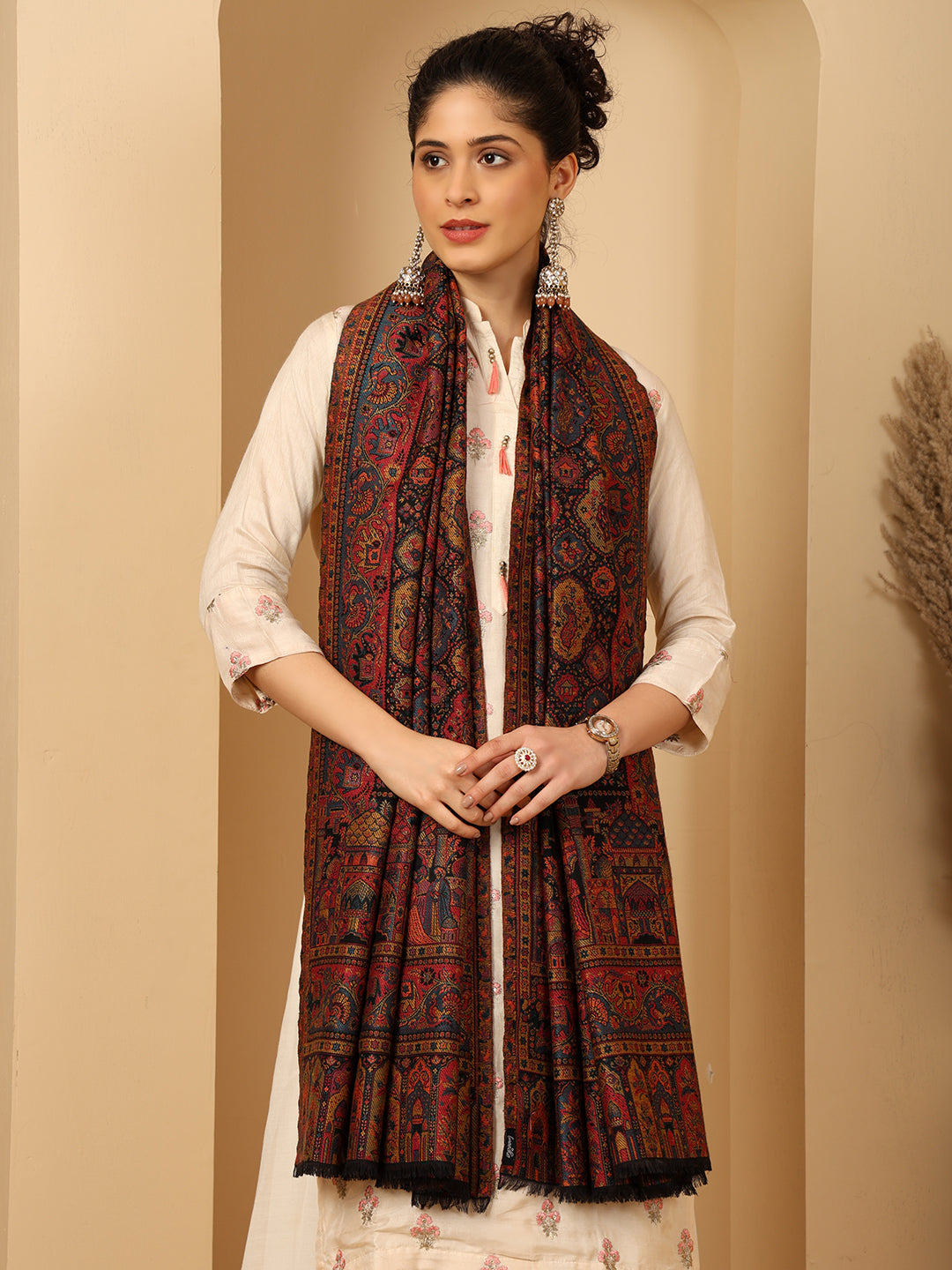 Tweedle Wool Blend Kani Shawl for Women – Black, Size – 40x80