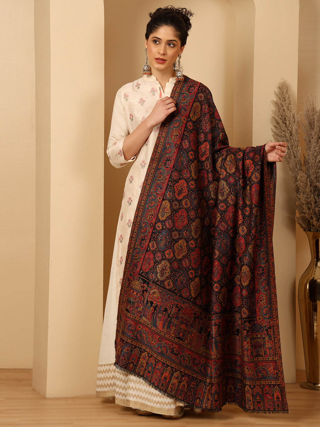 Tweedle Wool Blend Kani Shawl for Women – Black, Size – 40x80