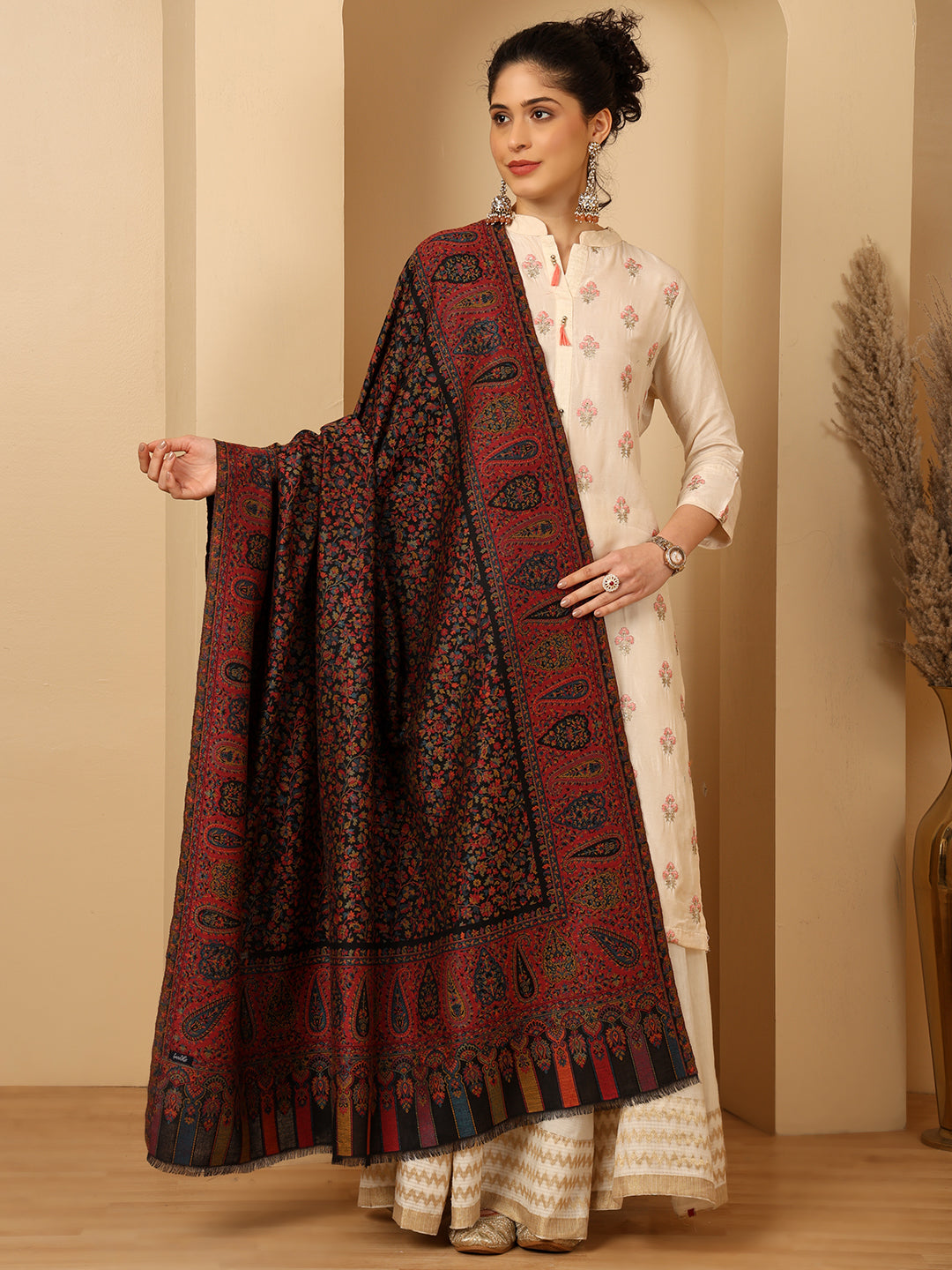 Tweedle Women’s Blended Wool Rajeshwari Kashmiri Kani Shawl - Black