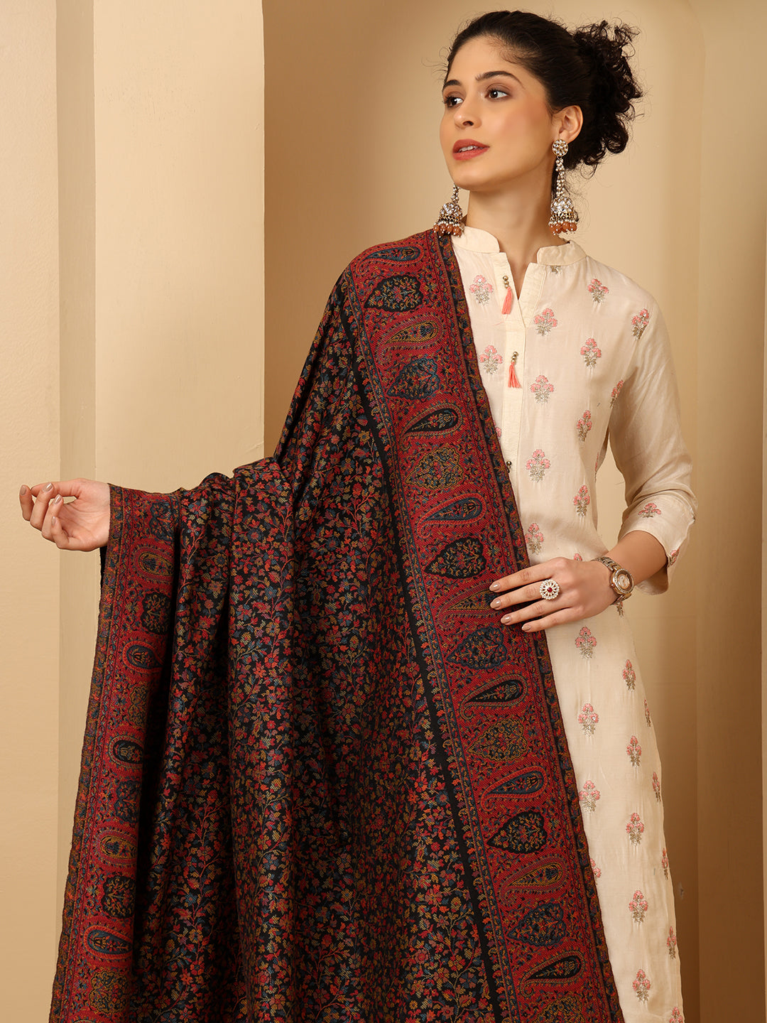 Tweedle Women’s Blended Wool Rajeshwari Kashmiri Kani Shawl - Black