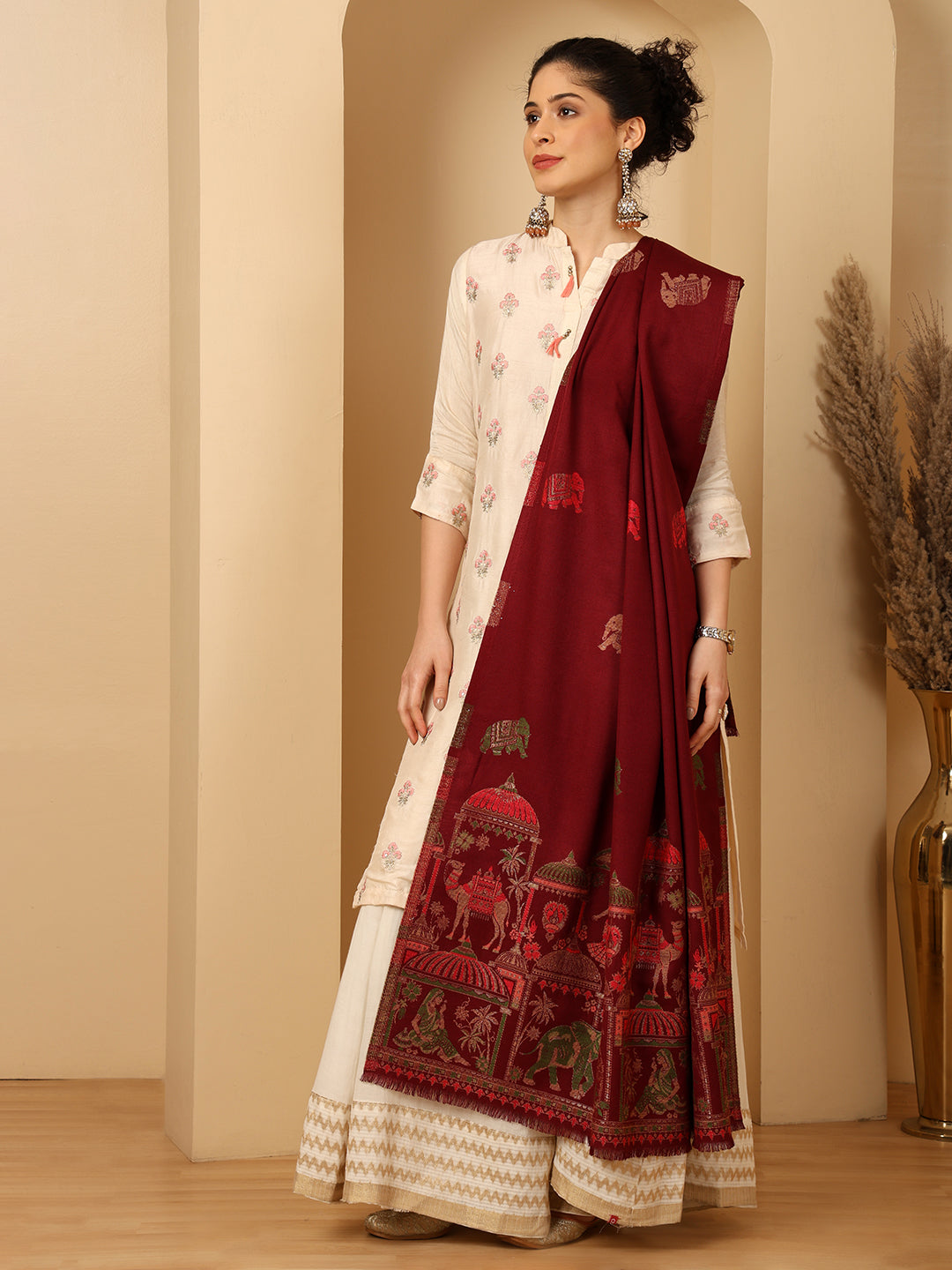 Tweedle Women’s Mahotsav Ethnic Design Zari Shawl, Faux Wool - Maroon, Size - 40 x 80 inches