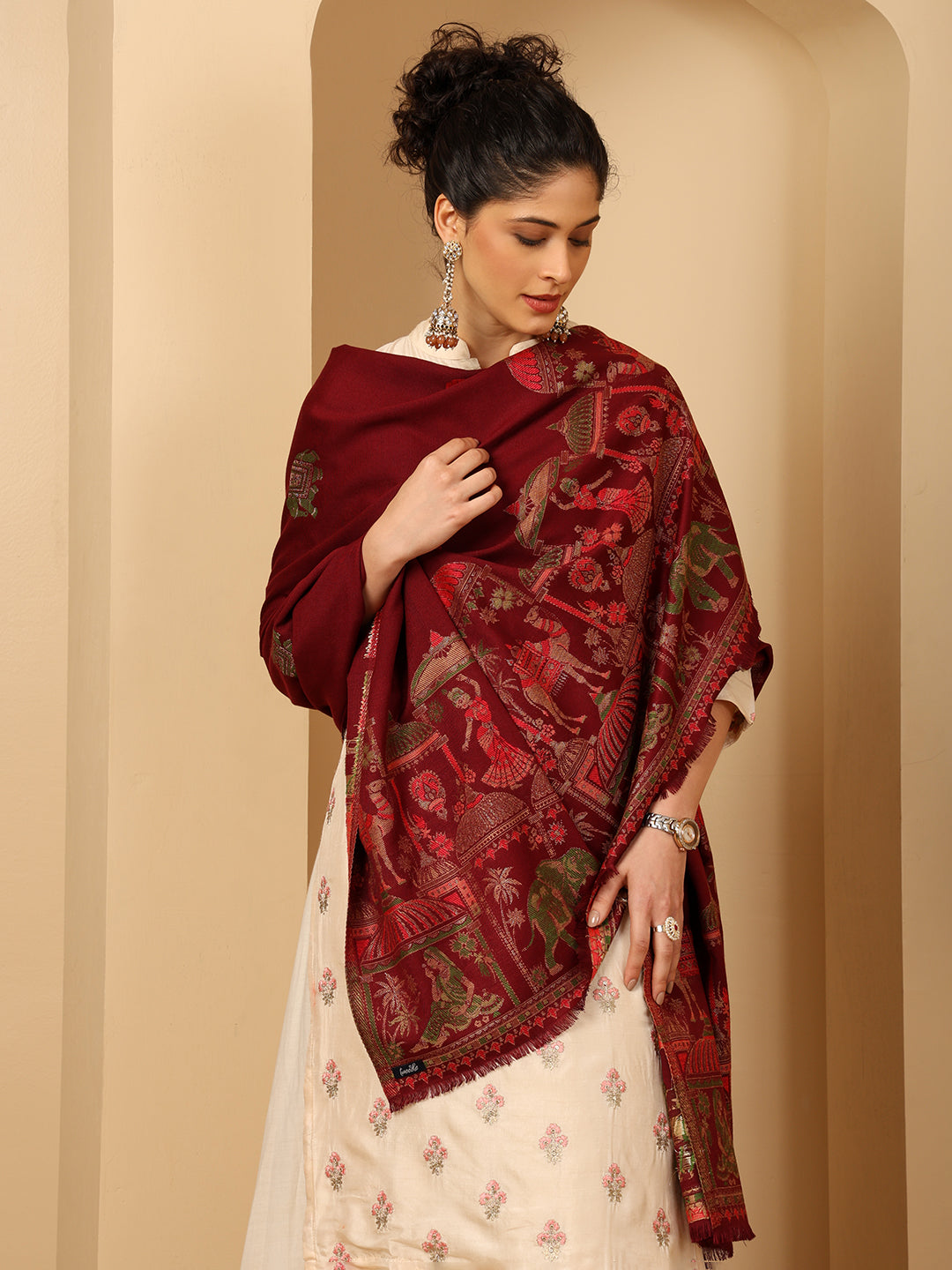 Tweedle Women’s Mahotsav Ethnic Design Zari Shawl, Faux Wool - Maroon, Size - 40 x 80 inches