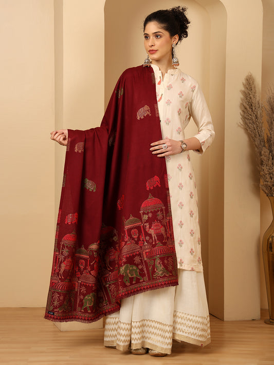 Tweedle Women’s Mahotsav Ethnic Design Zari Shawl, Faux Wool - Maroon, Size - 40 x 80 inches