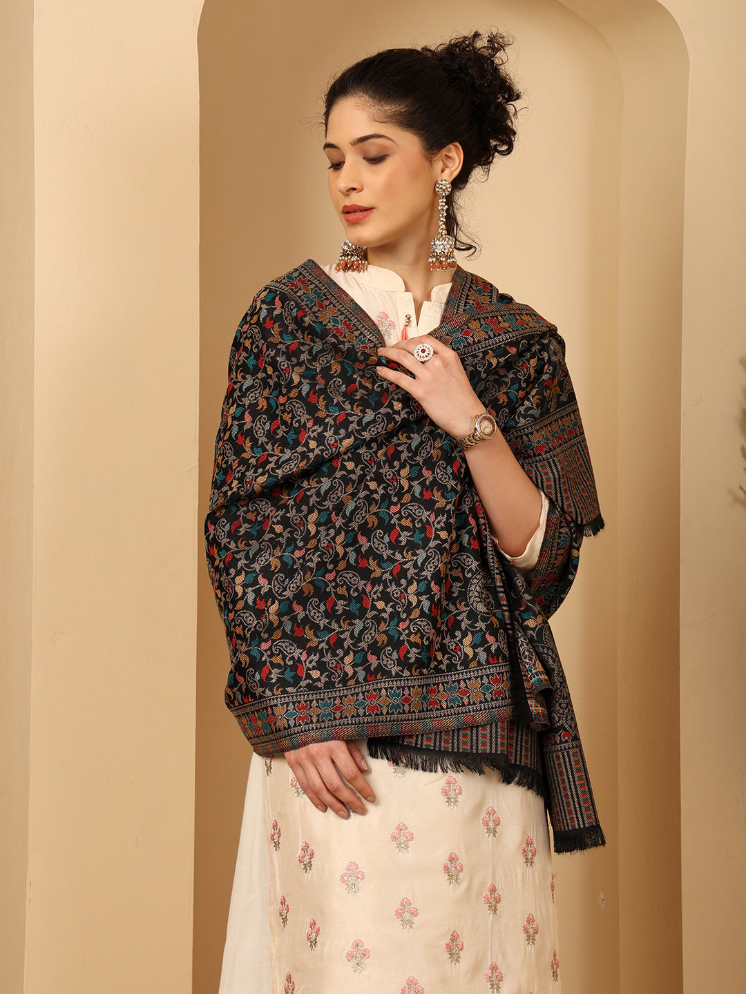 Tweedle Women’s Ethnic Kashmiri Kani Stole/ Scarf- Black, Size - 28 x 80 inches