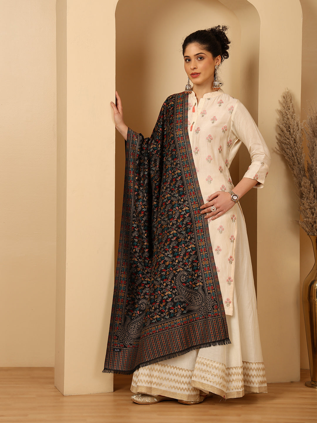 Tweedle Women’s Ethnic Kashmiri Kani Stole/ Scarf- Black, Size - 28 x 80 inches