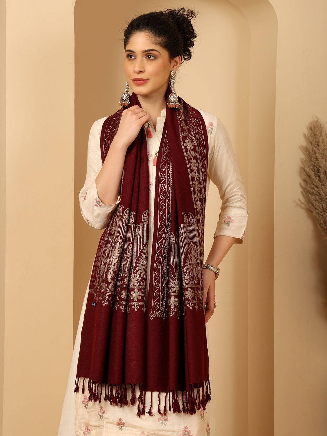 Tweedle Women’s Kashmiri Aari Embroidery Stole/ Scarf - Maroon , Size - 28 x 80 inches