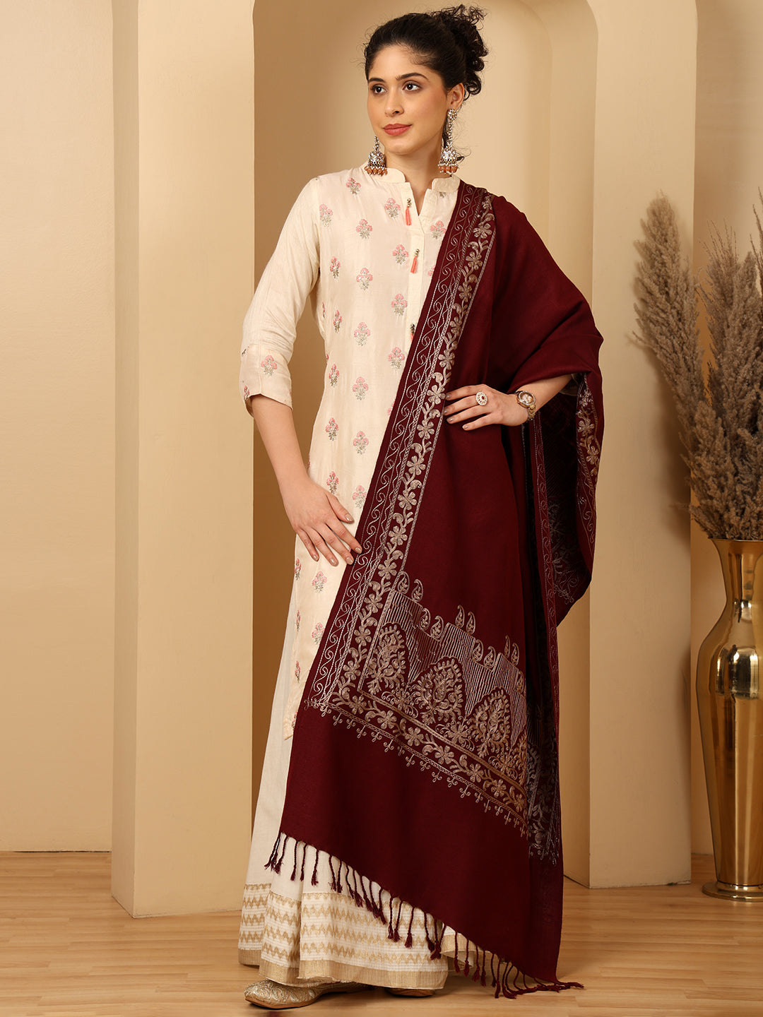 Tweedle Women’s Kashmiri Aari Embroidery Stole/ Scarf - Maroon , Size - 28 x 80 inches