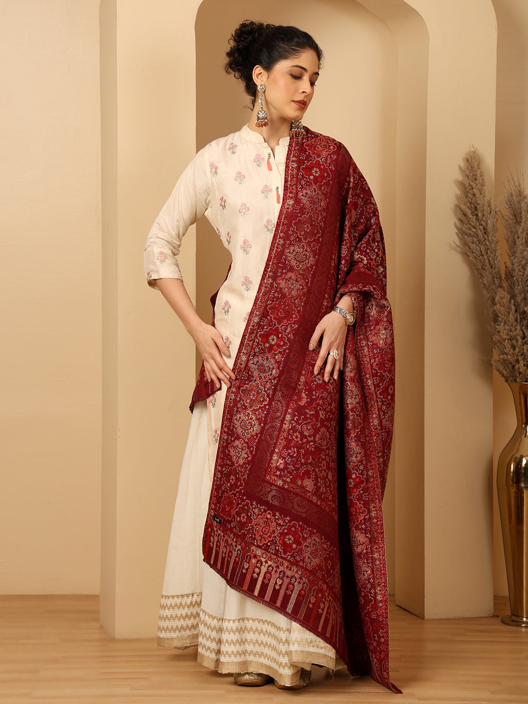 Tweedle Women’s Naira Kani Design and Zari Border - Maroon, Size - 40 x 80 inches
