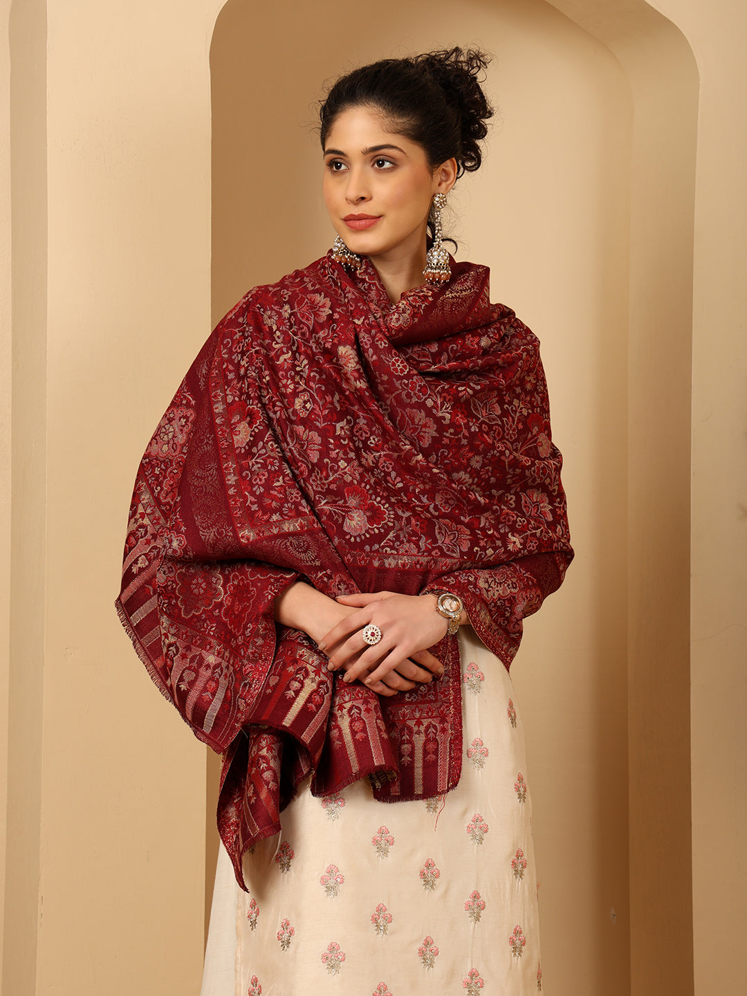 Tweedle Women’s Naira Kani Design and Zari Border - Maroon, Size - 40 x 80 inches