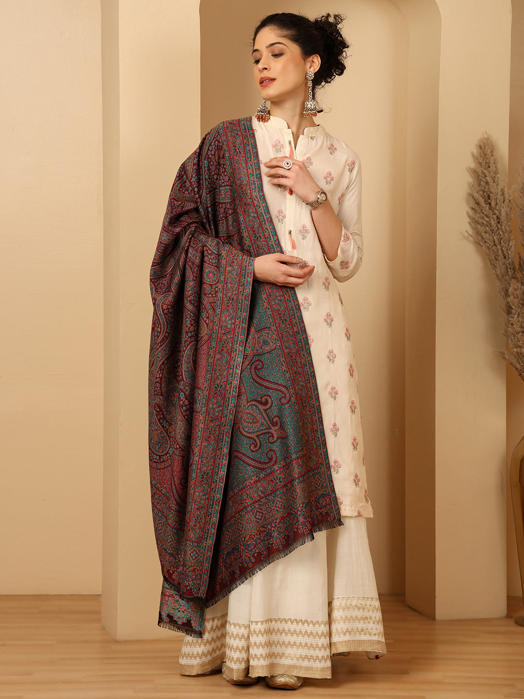 Tweedle Women’s Ruhani Kashmiri Kani Shawl - Wine, 40 x 80 inch