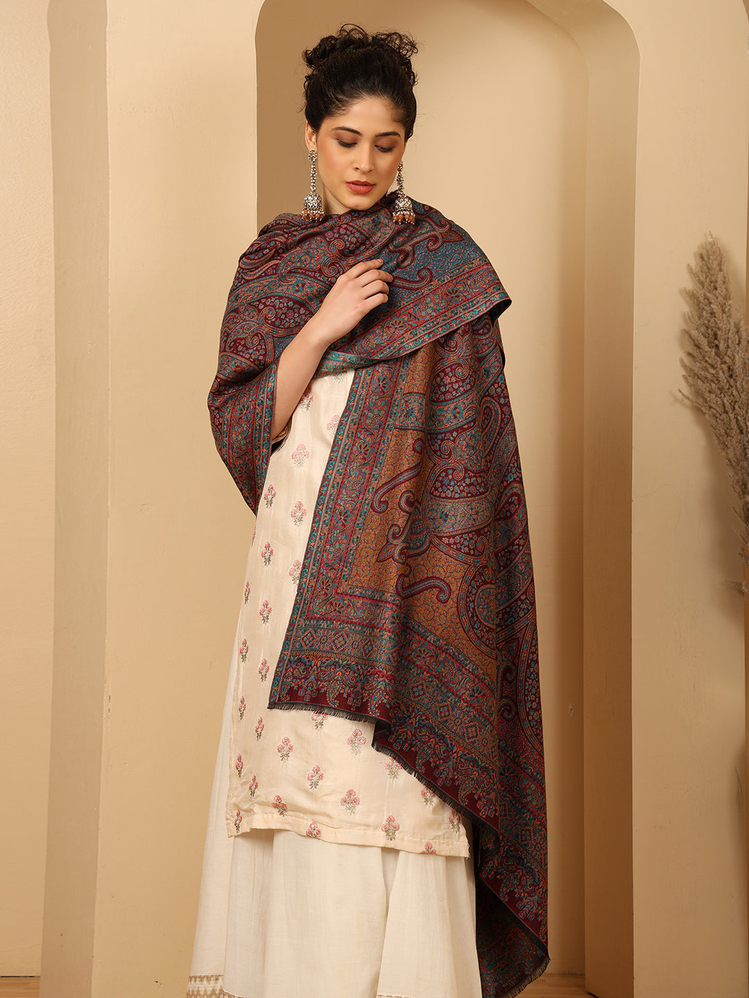 Tweedle Women’s Ruhani Kashmiri Kani Shawl - Wine, 40 x 80 inch