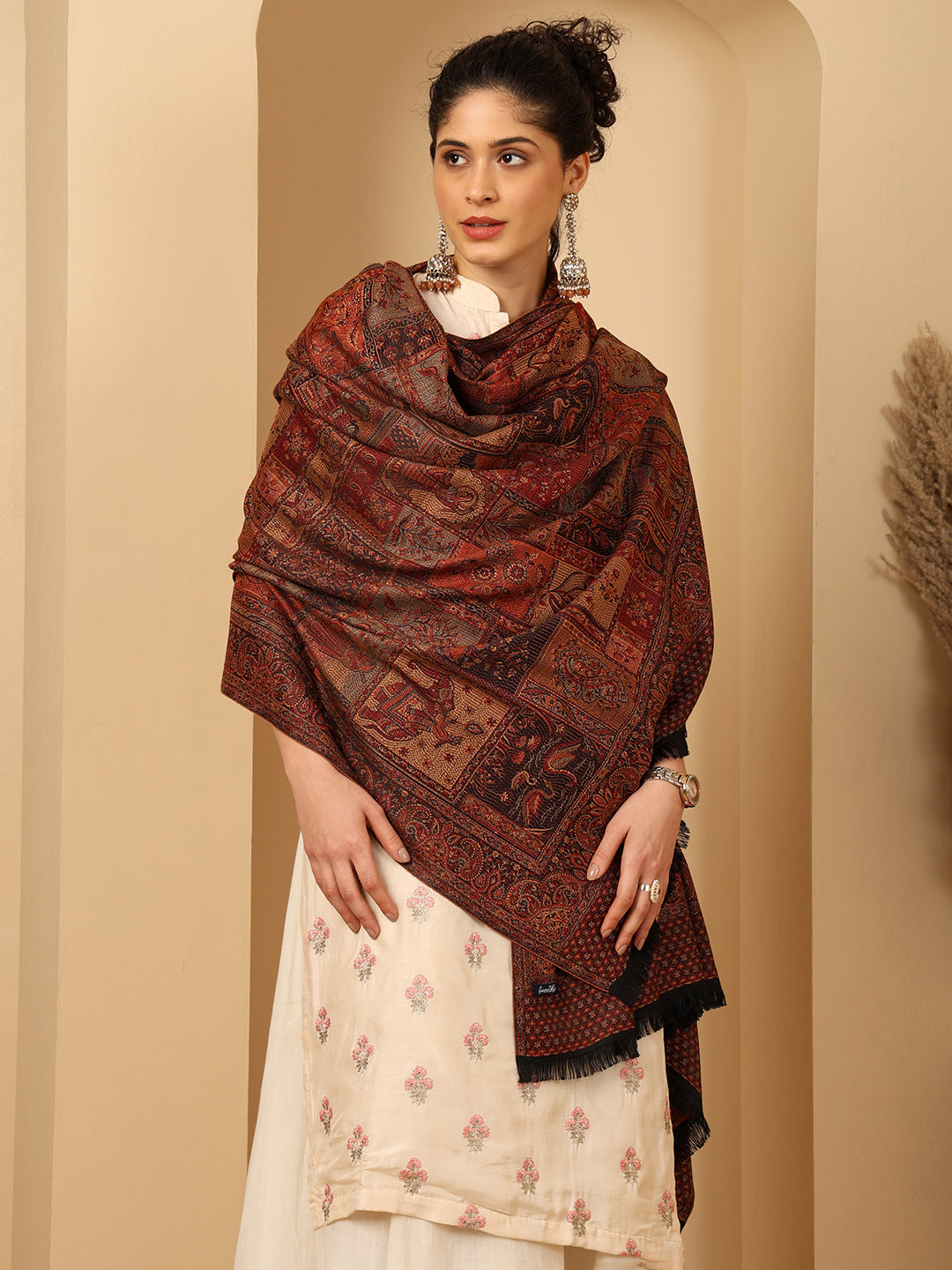 Tweedle Women’s Jamawar Shawl, Faux Pashmina - Black, Size 40 x 80 inches