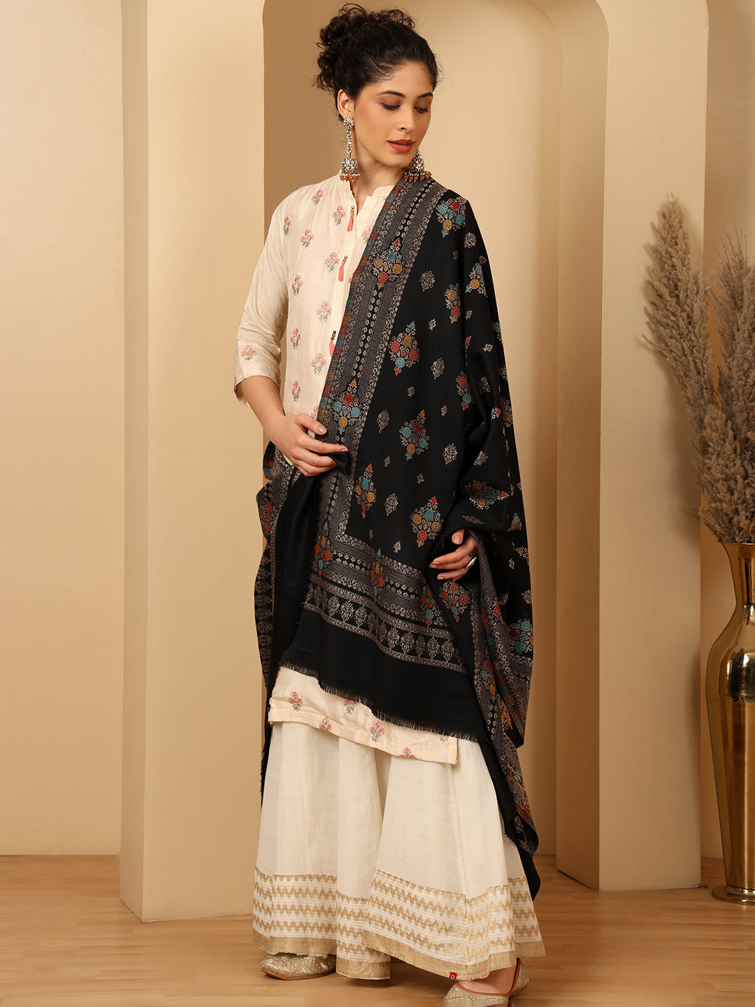 Tweedle Women’s Ethnic Design Faux Wool Shawl - Black, Size - 40 x 80 inches