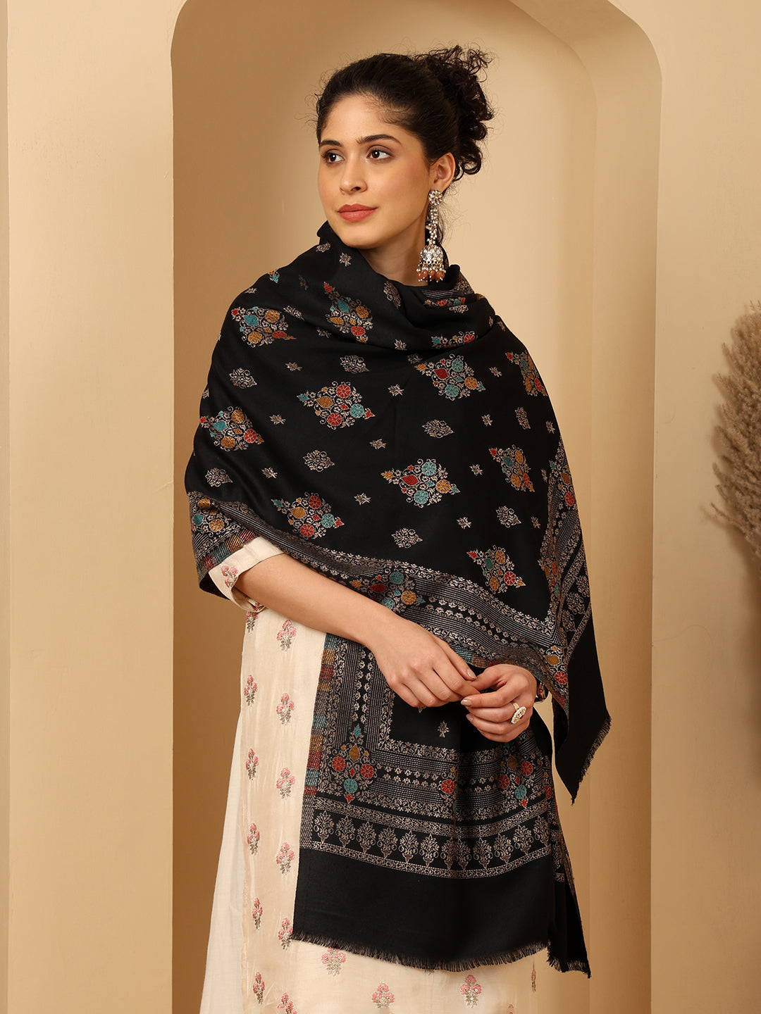 Tweedle Women’s Ethnic Design Faux Wool Shawl - Black, Size - 40 x 80 inches