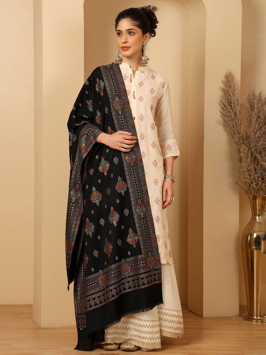 Tweedle Women’s Ethnic Design Faux Wool Shawl - Black, Size - 40 x 80 inches