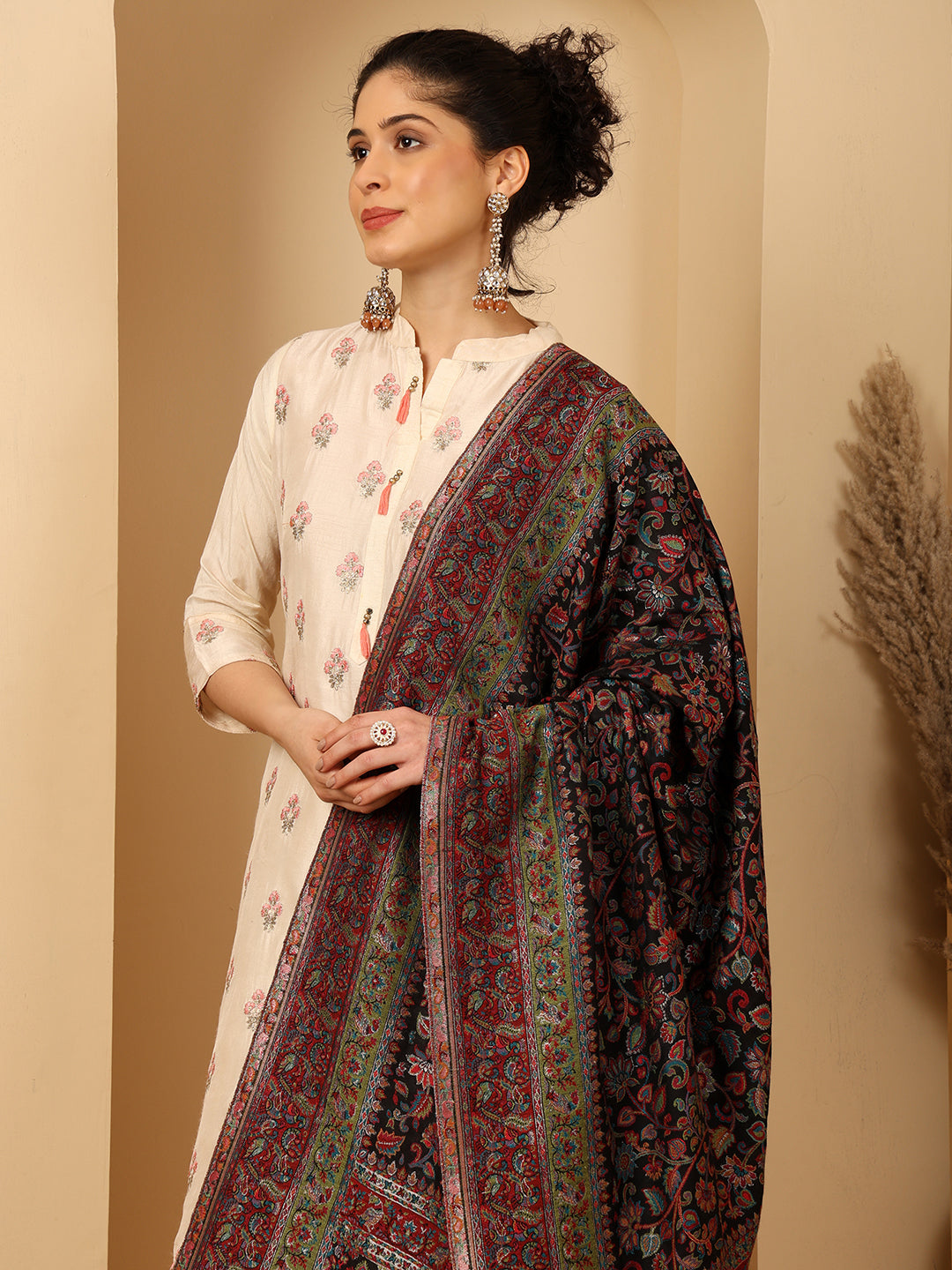 Tweedle Women’s Regalia Silk Moda, Zari Weave, Kashmiri Kani Shawl – Black