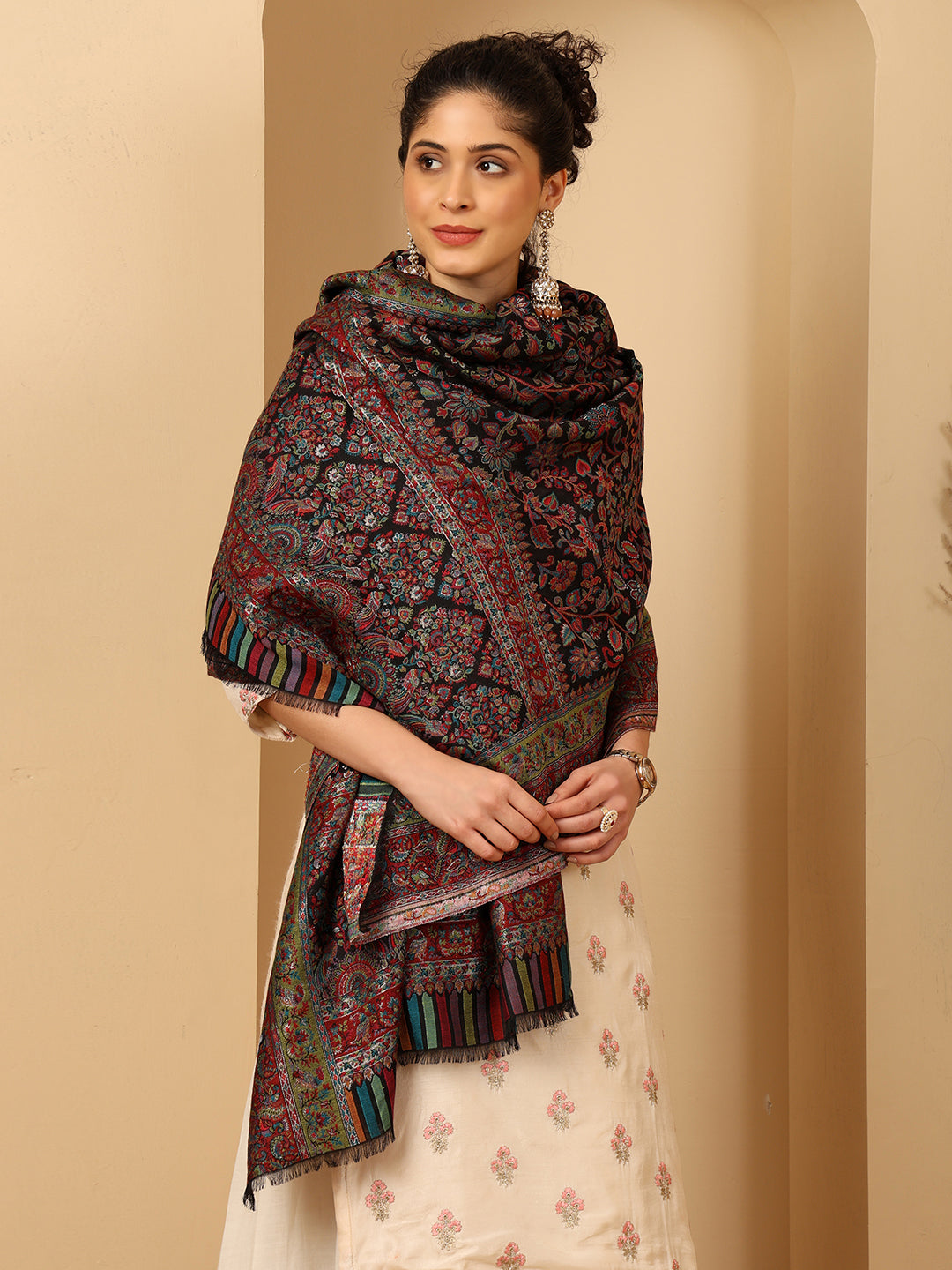 Tweedle Women’s Regalia Silk Moda, Zari Weave, Kashmiri Kani Shawl – Black