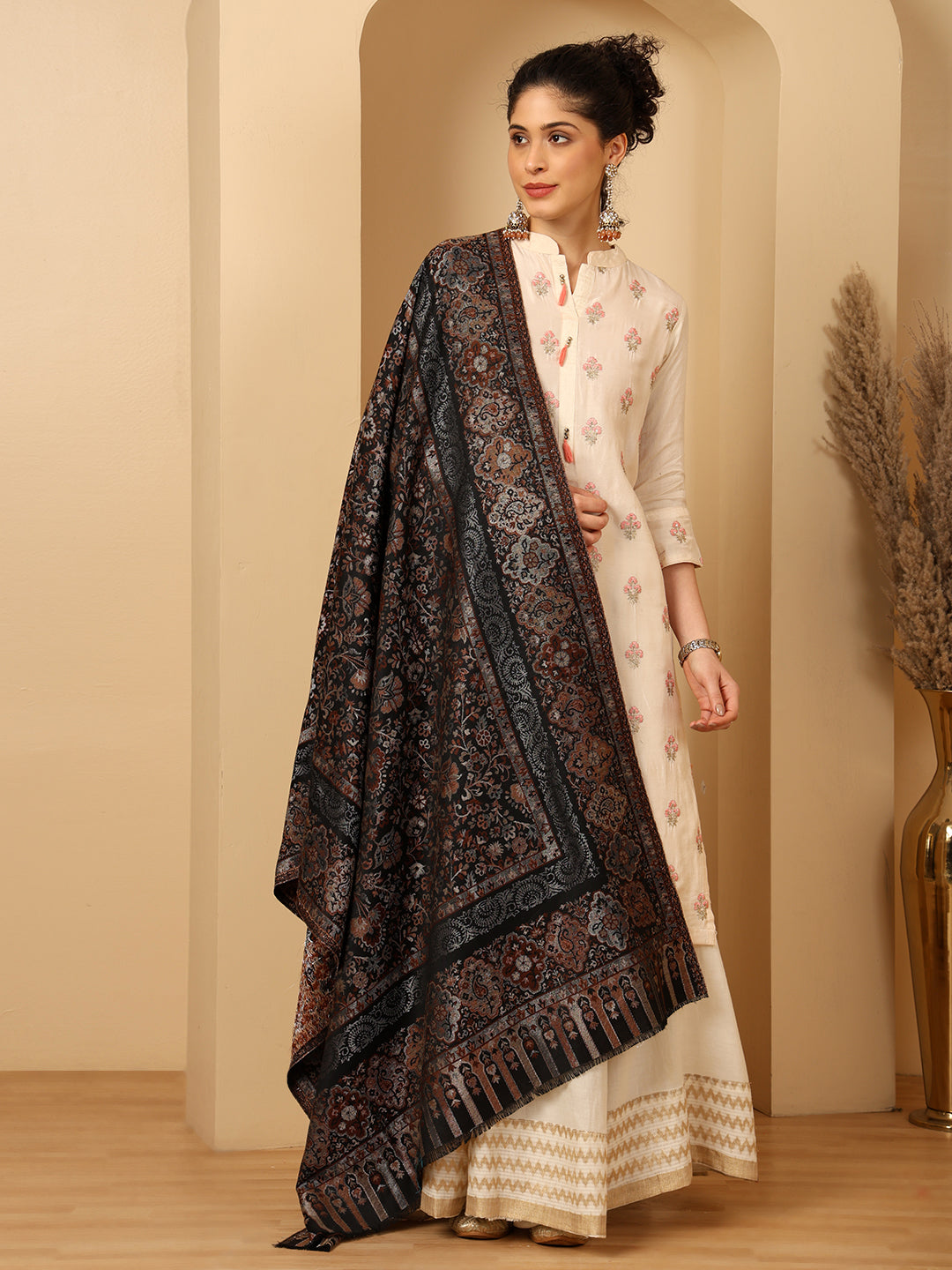 Tweedle Women’s Naira Kani Design and Zari Border - Black, Size - 40 x 80 inches