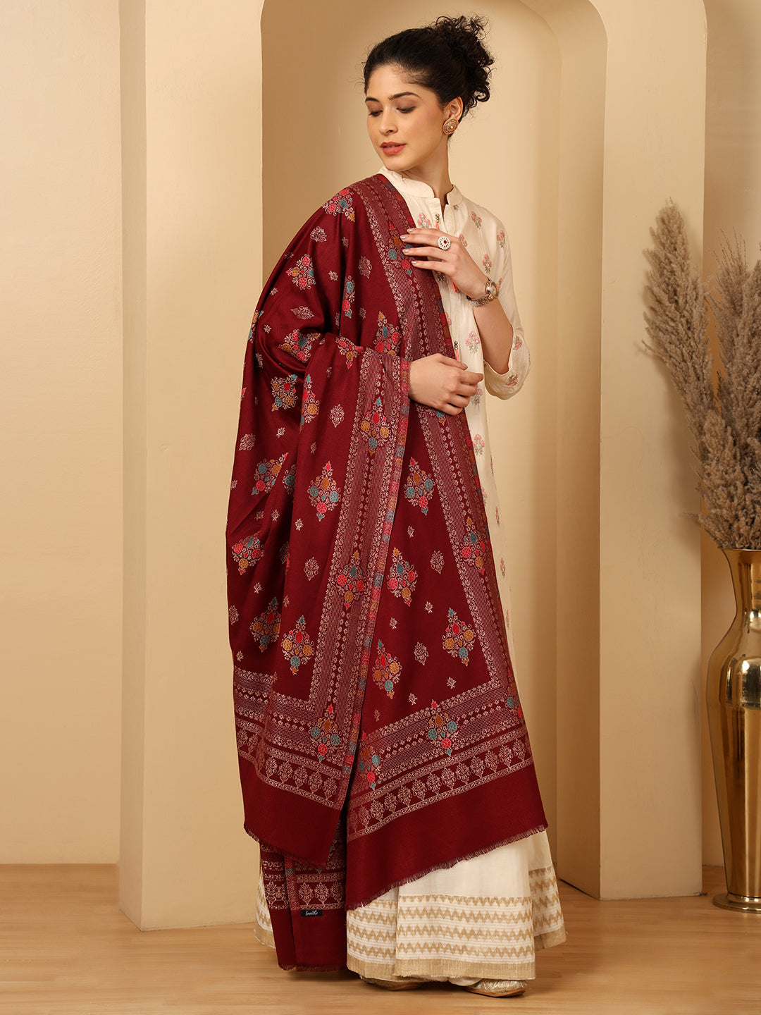 Tweedle Women’s Ethnic Design Faux Wool Shawl - Maroon, Size - 40 x 80 inches