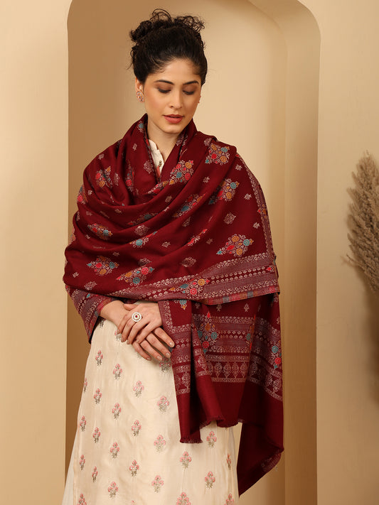 Tweedle Women’s Ethnic Design Faux Wool Shawl - Maroon, Size - 40 x 80 inches