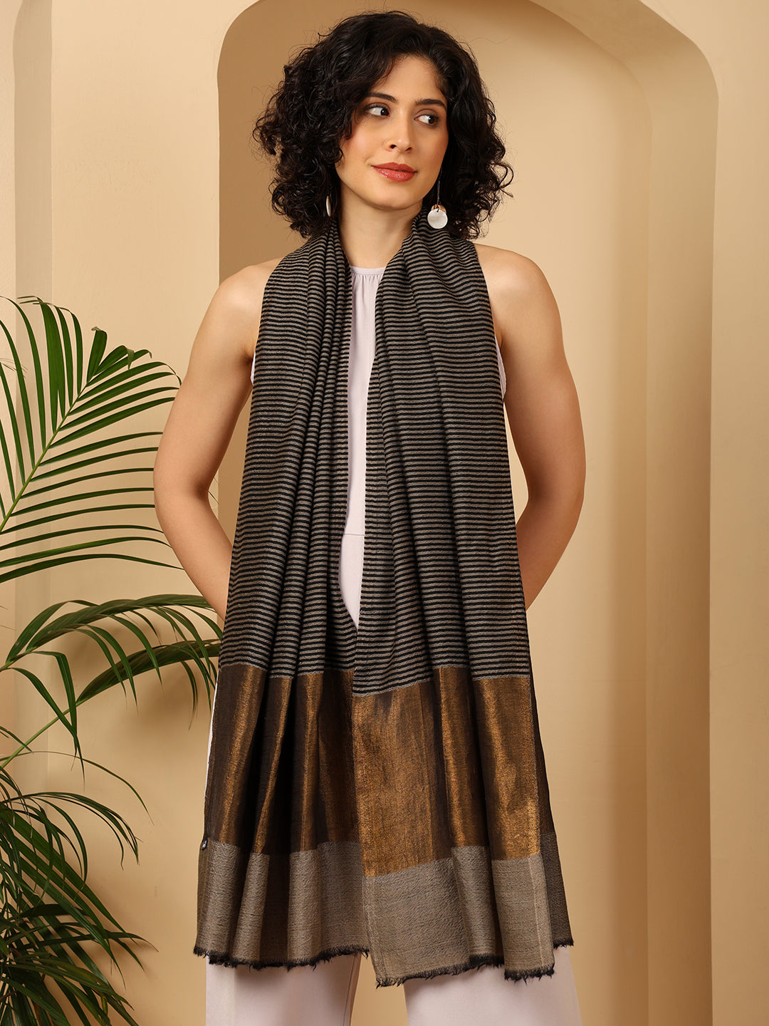 Tweedle Women’s Fine Wool Stole with Striped Zari Palla - Black