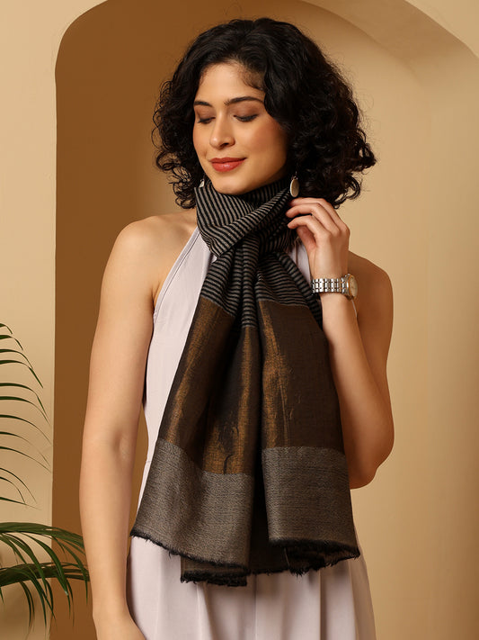 Tweedle Women’s Fine Wool Stole with Striped Zari Palla - Black