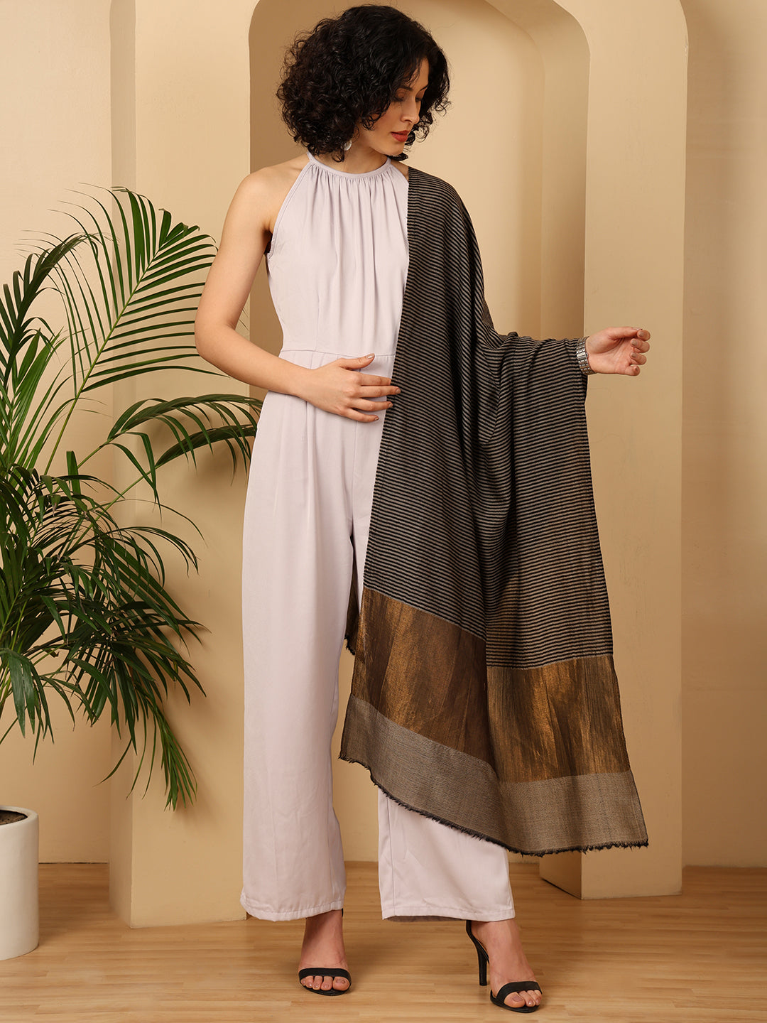 Tweedle Women’s Fine Wool Stole with Striped Zari Palla - Black