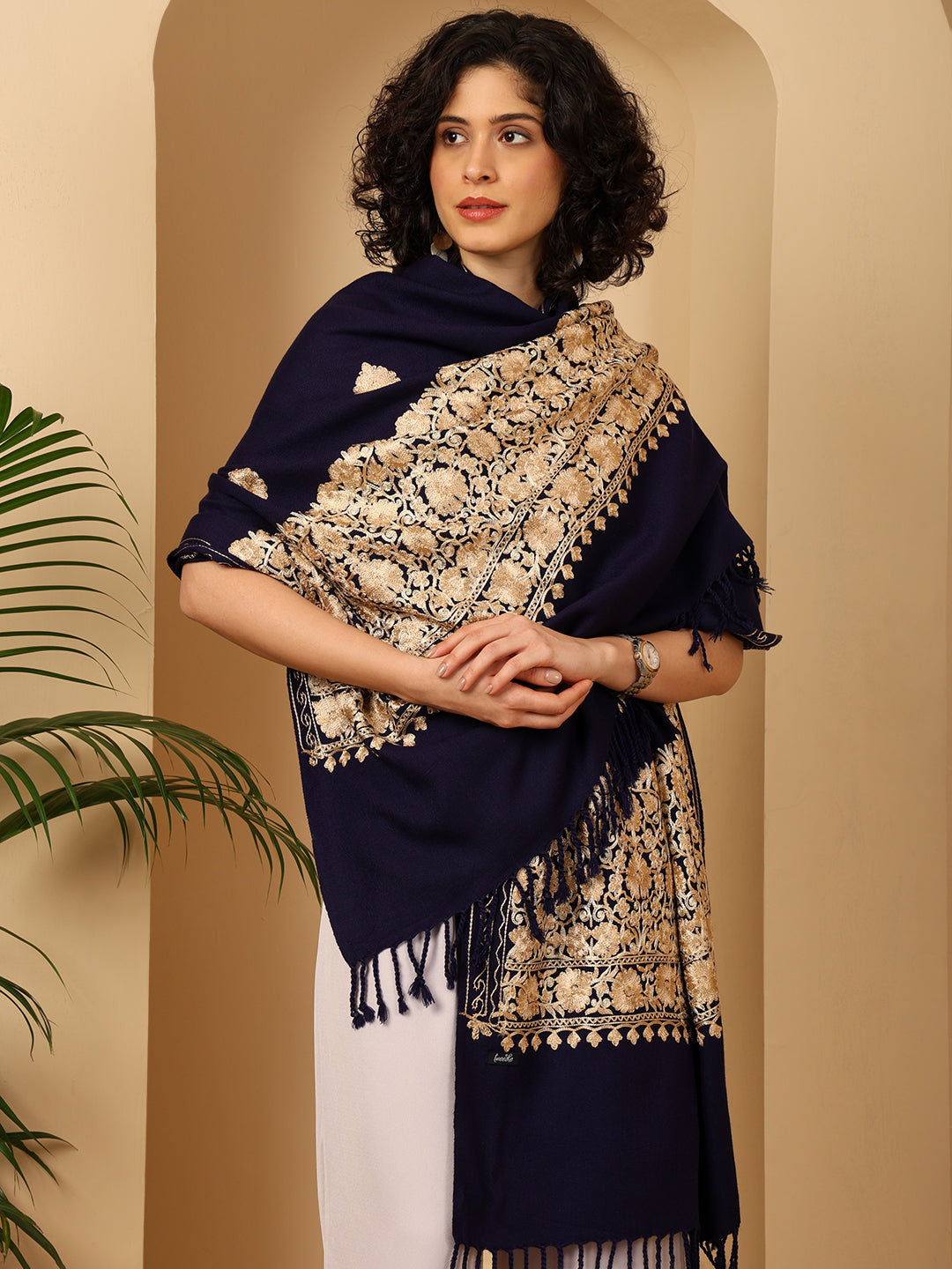 Tweedle Women’s Kashmiri Aari Embroidery Shawl / Stole - Navy Blue, Size - 40 x 80 inches