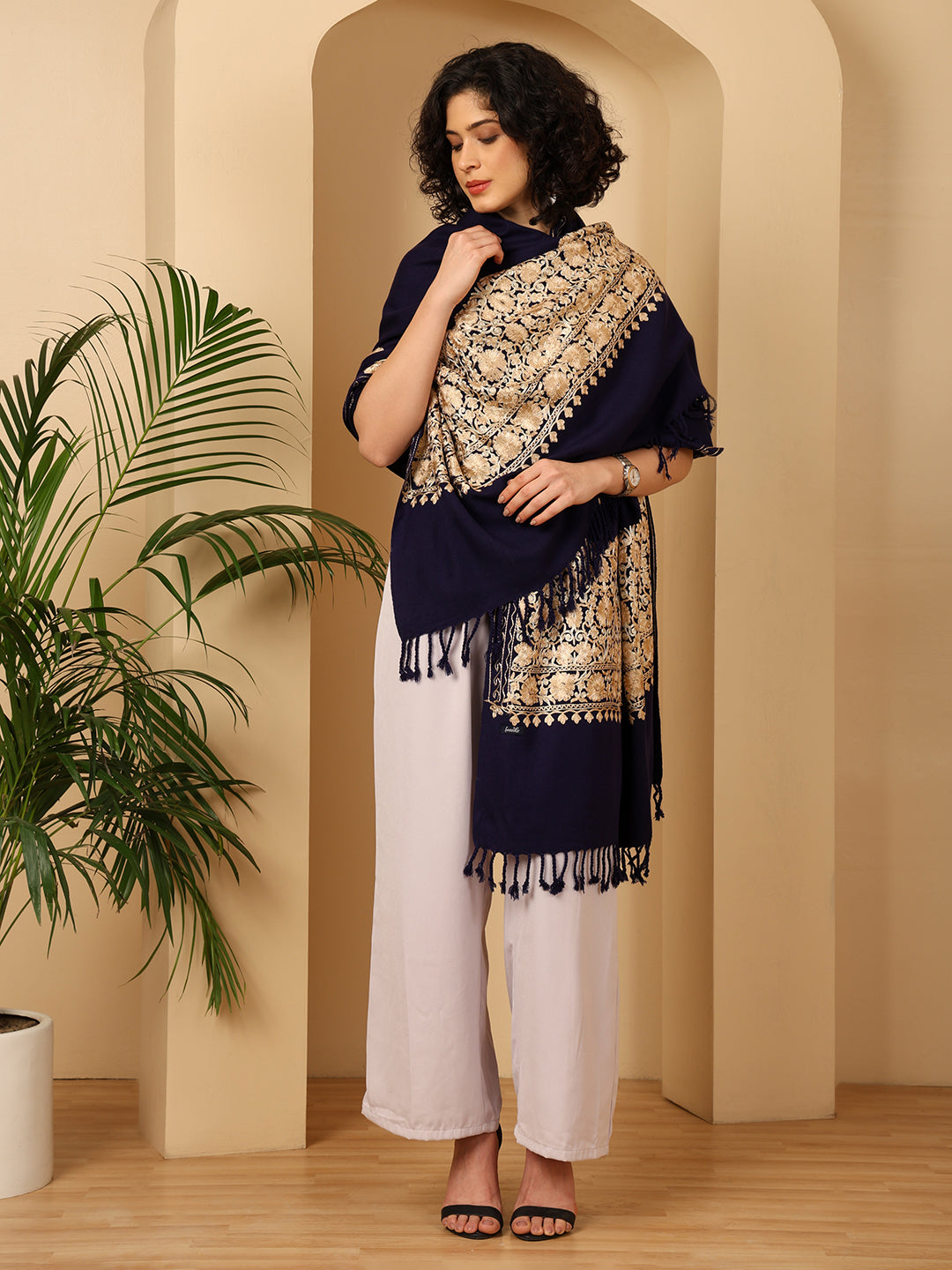 Tweedle Women’s Kashmiri Aari Embroidery Shawl / Stole - Navy Blue, Size - 40 x 80 inches