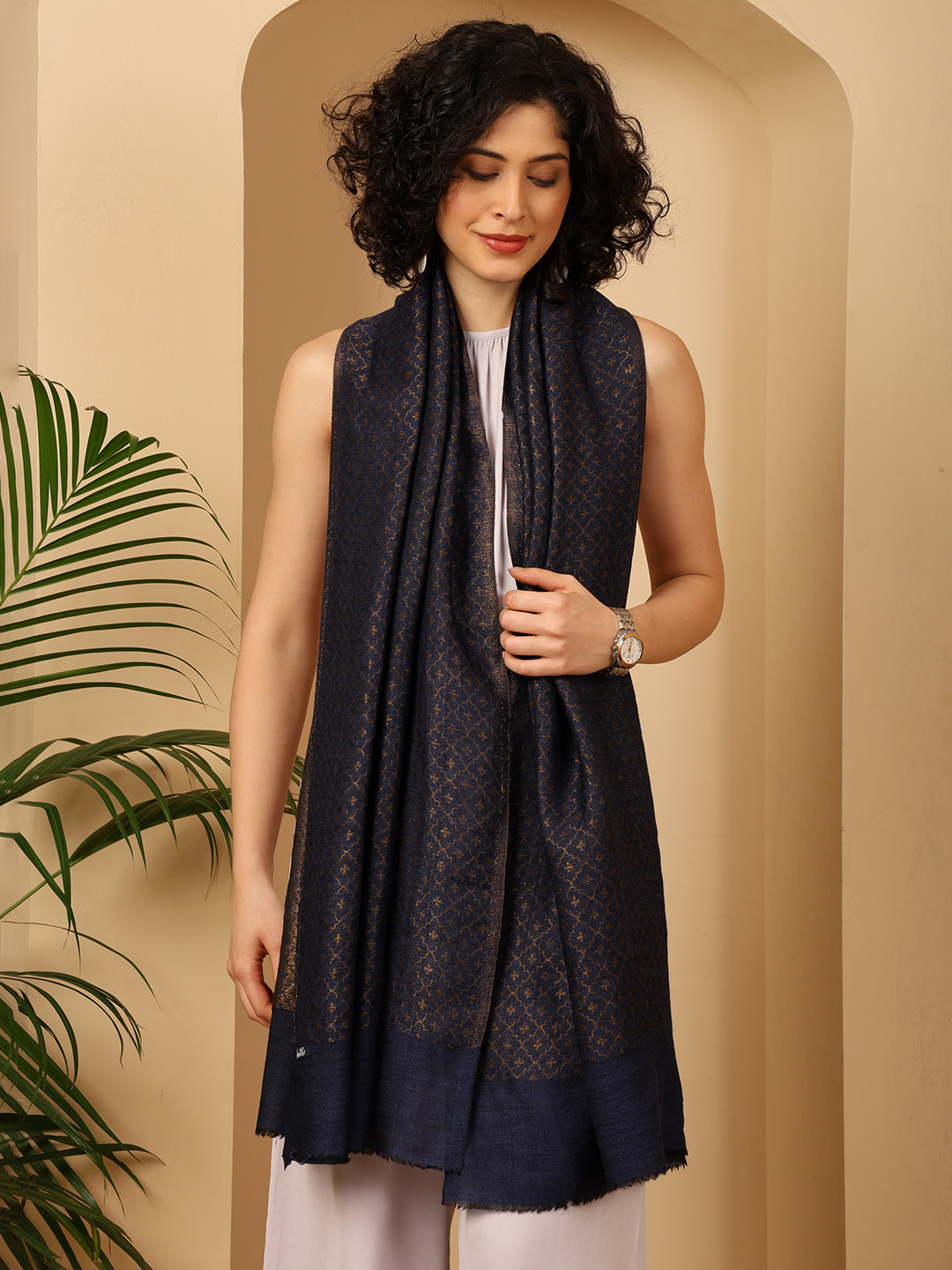 Tweedle Women’s Reversible Pashmina Wool Stole with Floral Zari Weave - Blue