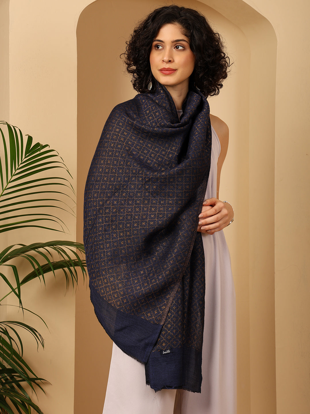 Tweedle Women’s Reversible Pashmina Wool Stole with Floral Zari Weave - Blue