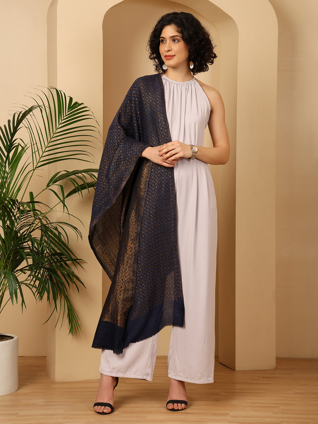 Tweedle Women’s Reversible Pashmina Wool Stole with Floral Zari Weave - Blue