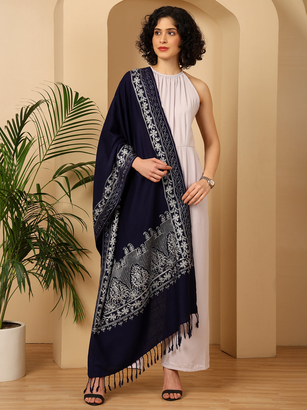 Tweedle Women’s Kashmiri Aari Embroidery Stole/ Scarf - Navy Blue, Size - 28 x 80 inches