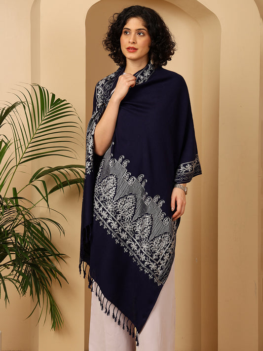 Tweedle Women’s Kashmiri Aari Embroidery Stole/ Scarf - Navy Blue, Size - 28 x 80 inches