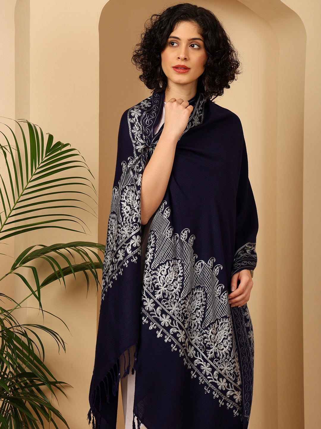 Tweedle Women’s Kashmiri Aari Embroidery Stole/ Scarf - Navy Blue, Size - 28 x 80 inches