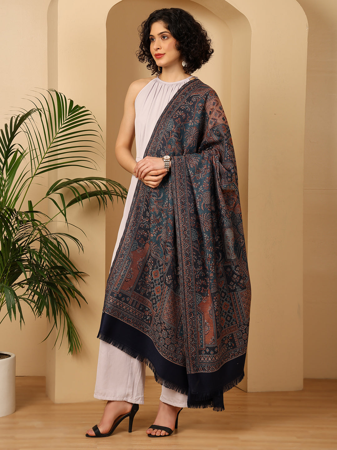 Tweedle Women’s Jamawar Shawl, Faux Pashmina - Blue, Size 40 x 80 inches