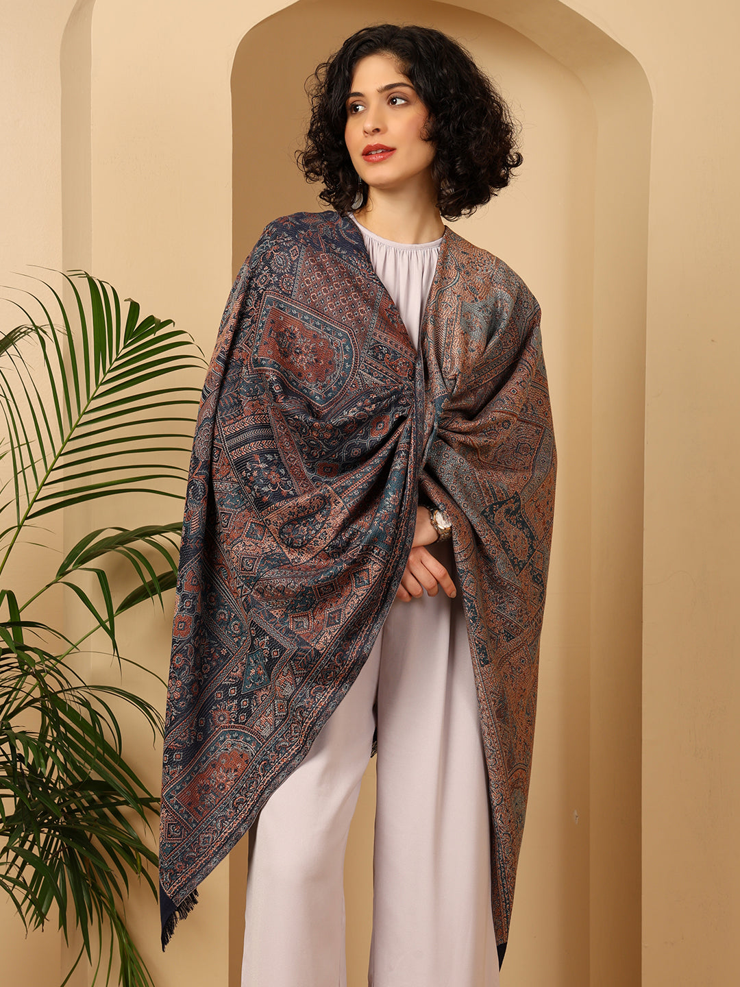 Tweedle Women’s Jamawar Shawl, Faux Pashmina - Blue, Size 40 x 80 inches