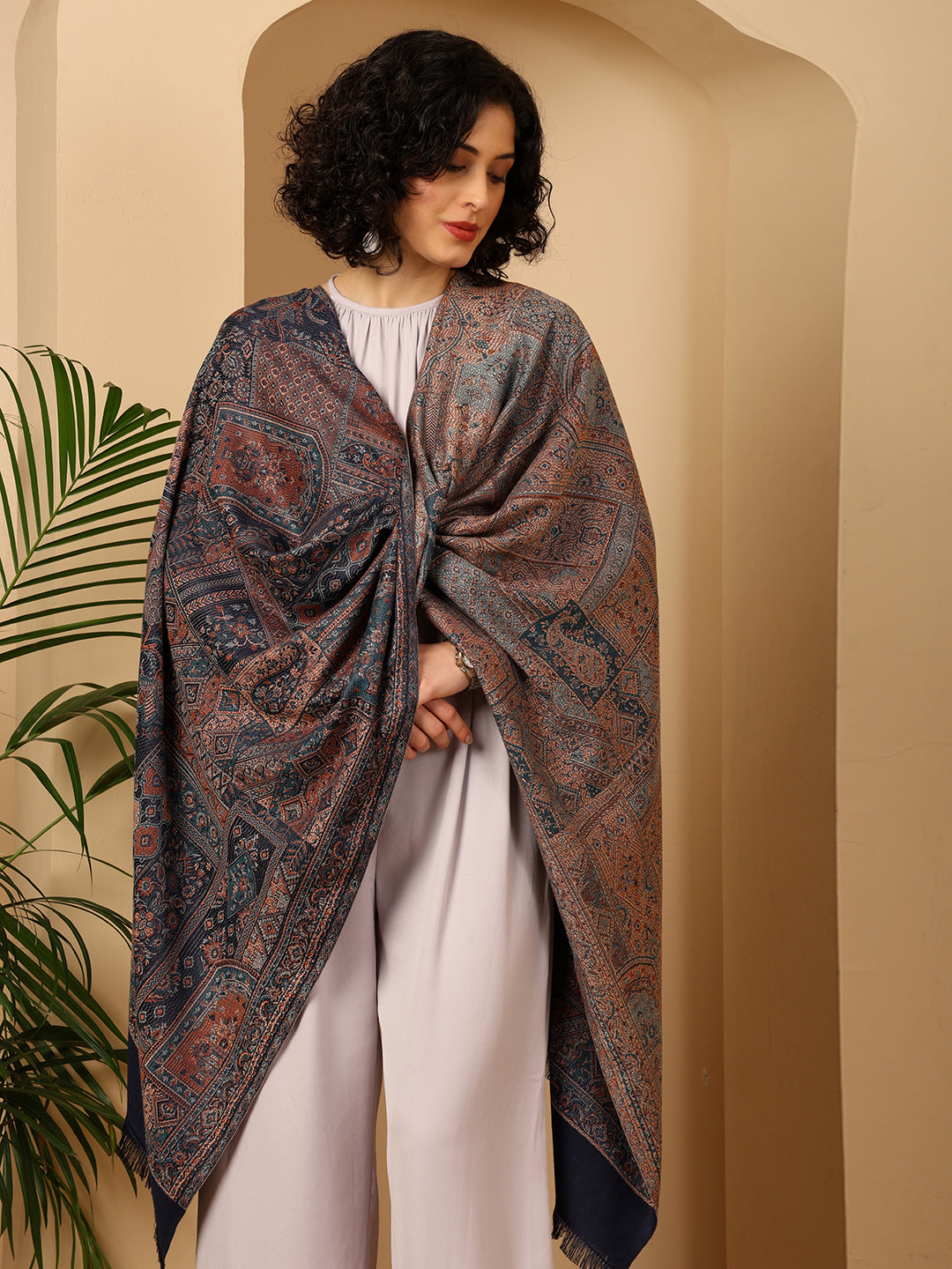 Tweedle Women’s Jamawar Shawl, Faux Pashmina - Blue, Size 40 x 80 inches