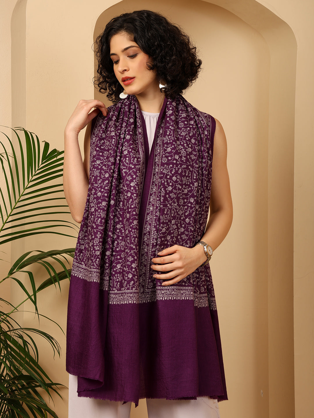 Tweedle Traditional Pure Wool Dupehra Kashmiri Embroidery Shawl for Women - Purple