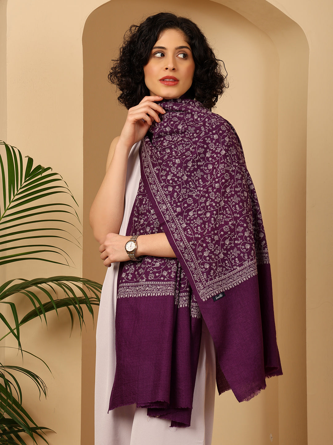Tweedle Traditional Pure Wool Dupehra Kashmiri Embroidery Shawl for Women - Purple