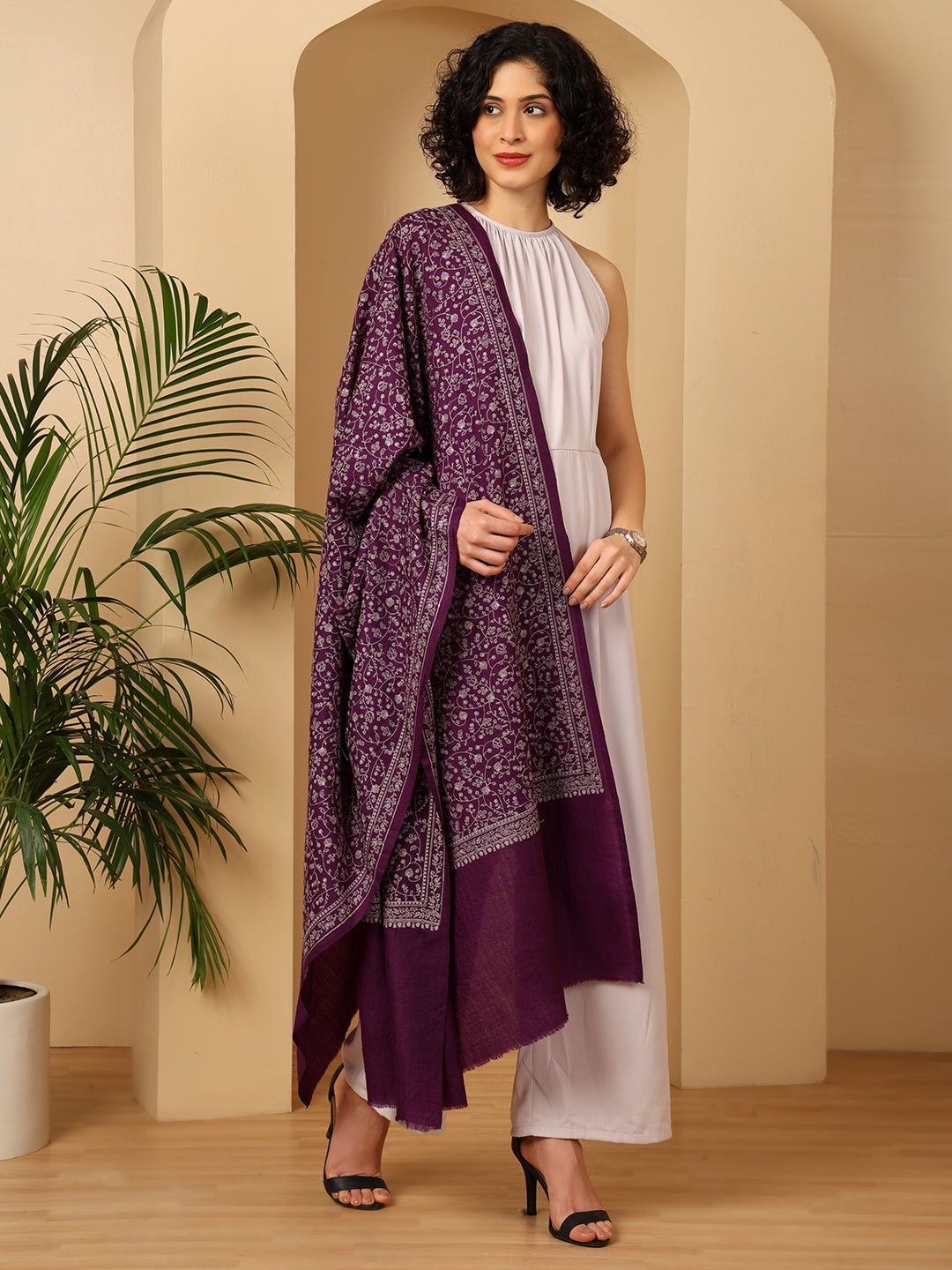 Tweedle Traditional Pure Wool Dupehra Kashmiri Embroidery Shawl for Women - Purple