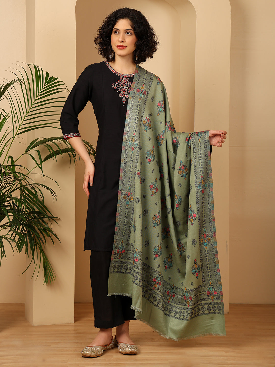 Tweedle Women’s Ethnic Design Faux Wool Shawl - Green, Size - 40 x 80 inches