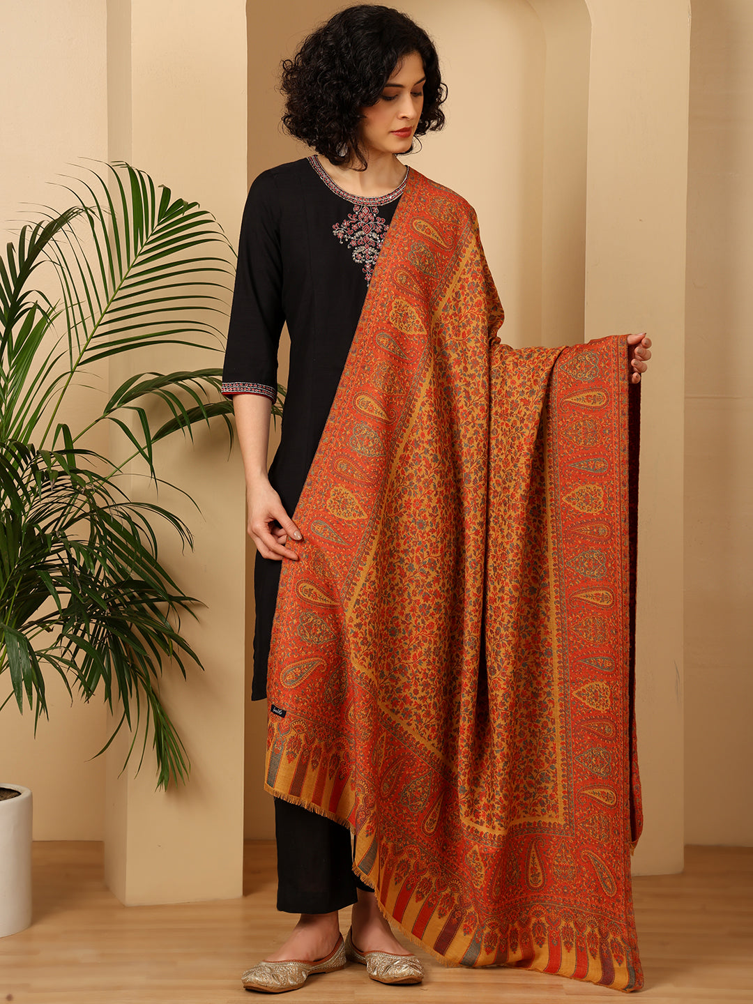 Tweedle Women’s Blended Wool Rajeshwari Kashmiri Kani Shawl - Yellow