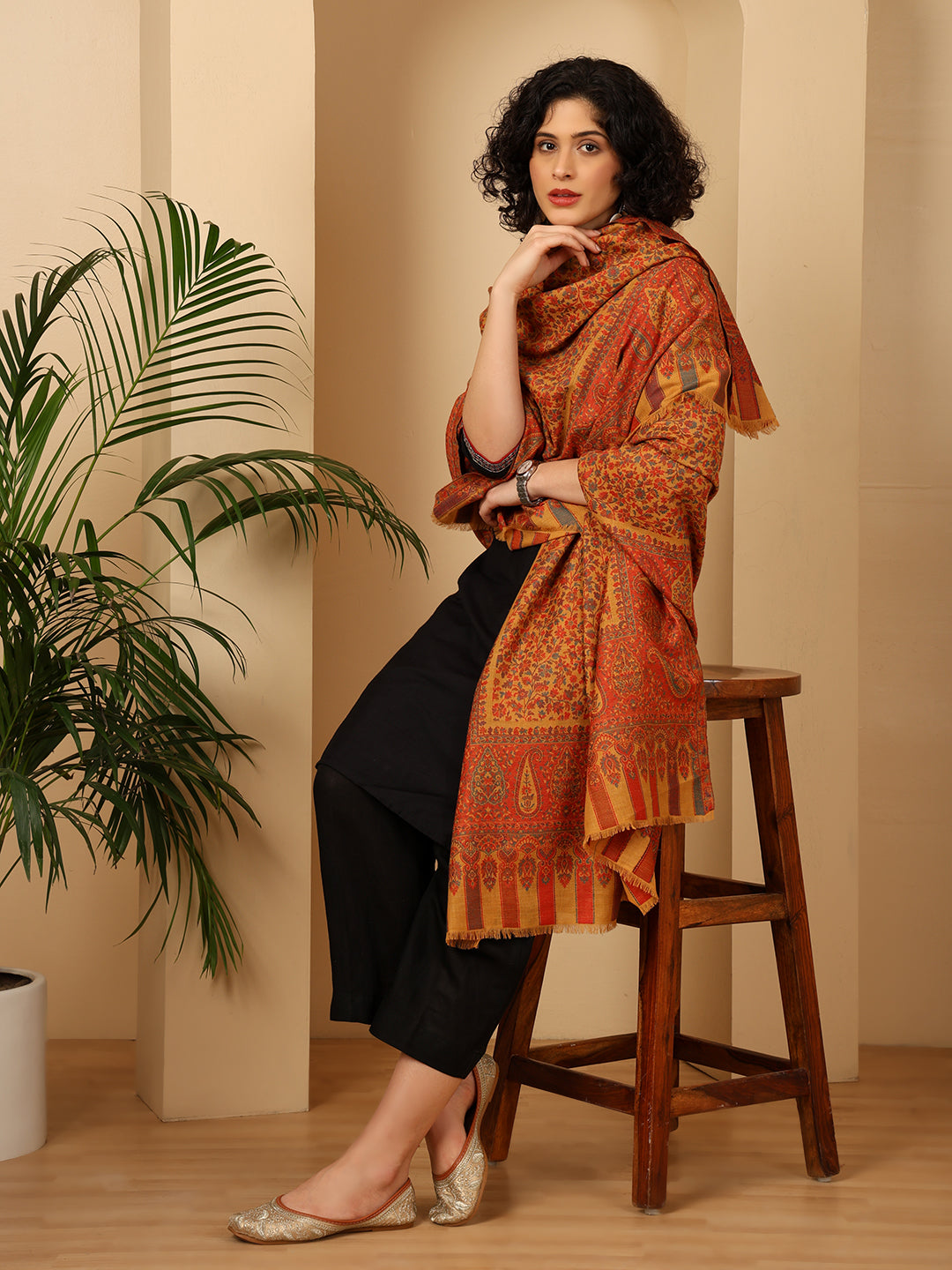 Tweedle Women’s Blended Wool Rajeshwari Kashmiri Kani Shawl - Yellow