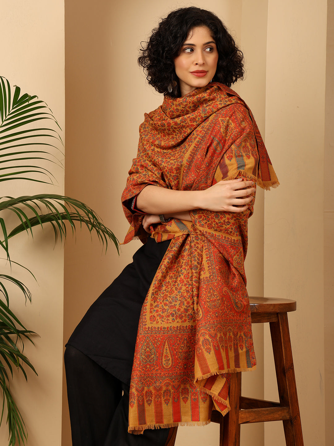 Tweedle Women’s Blended Wool Rajeshwari Kashmiri Kani Shawl - Yellow