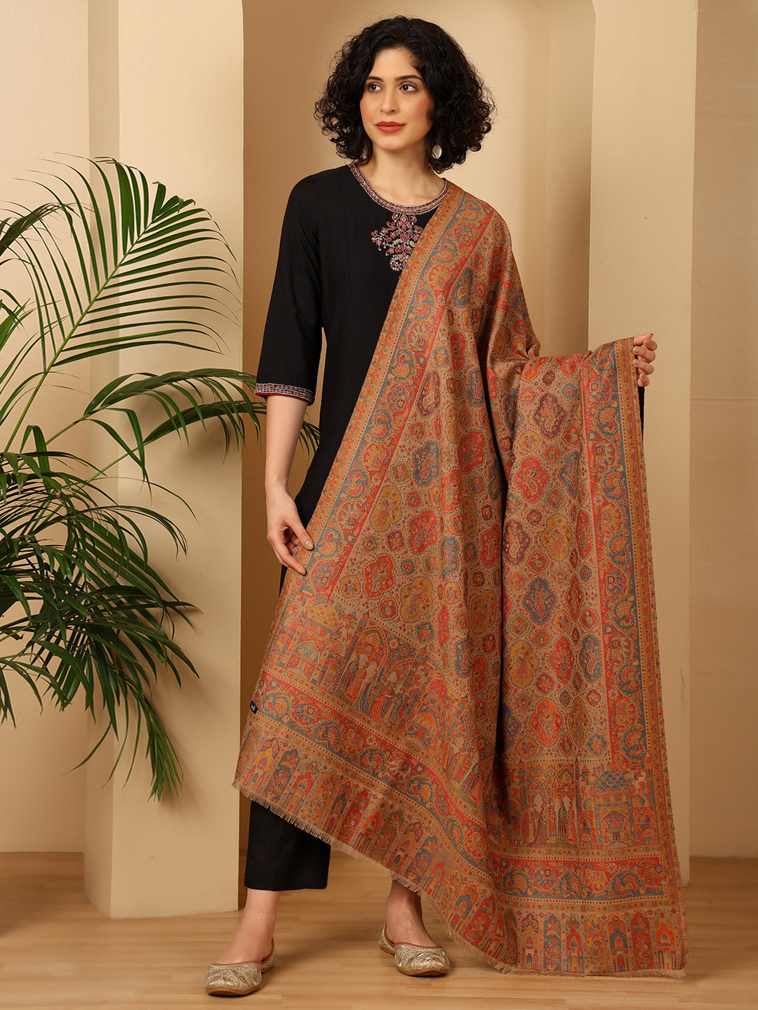 Tweedle Wool Blend Kani Shawl for Women – Beige, Size – 40x80